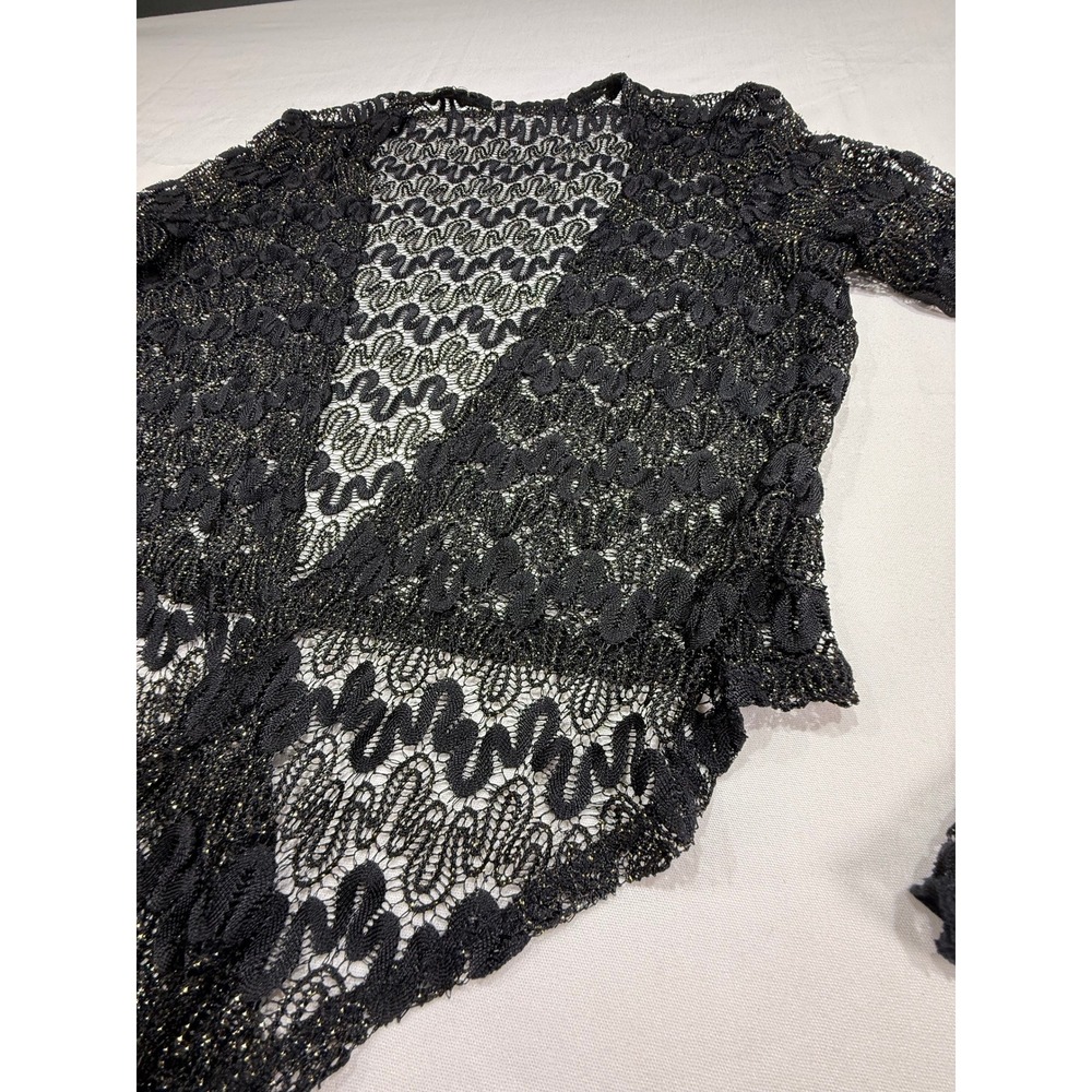 Black Gold Metallic Lace Tie Front Shrug Cropped Bolero Goth Whimsical Small